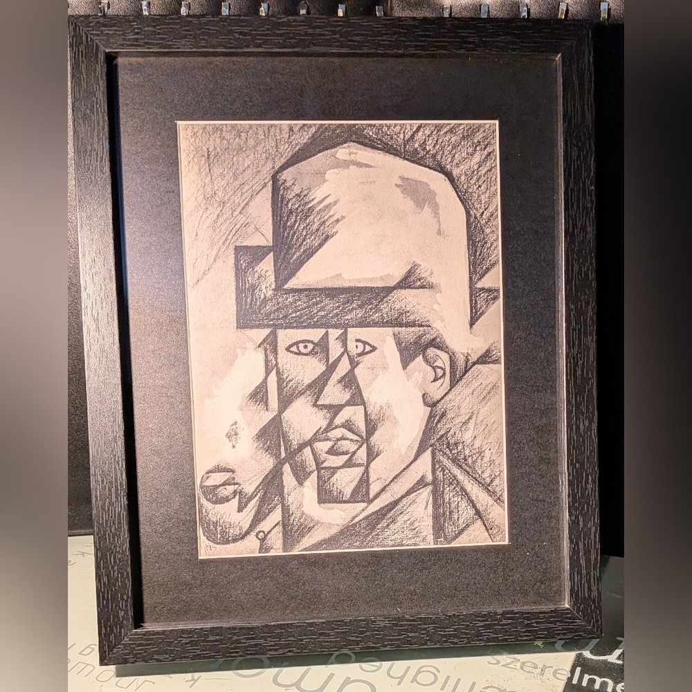 Framed Black and White Sketch By Juan Gris "Self Portrait" Reprint